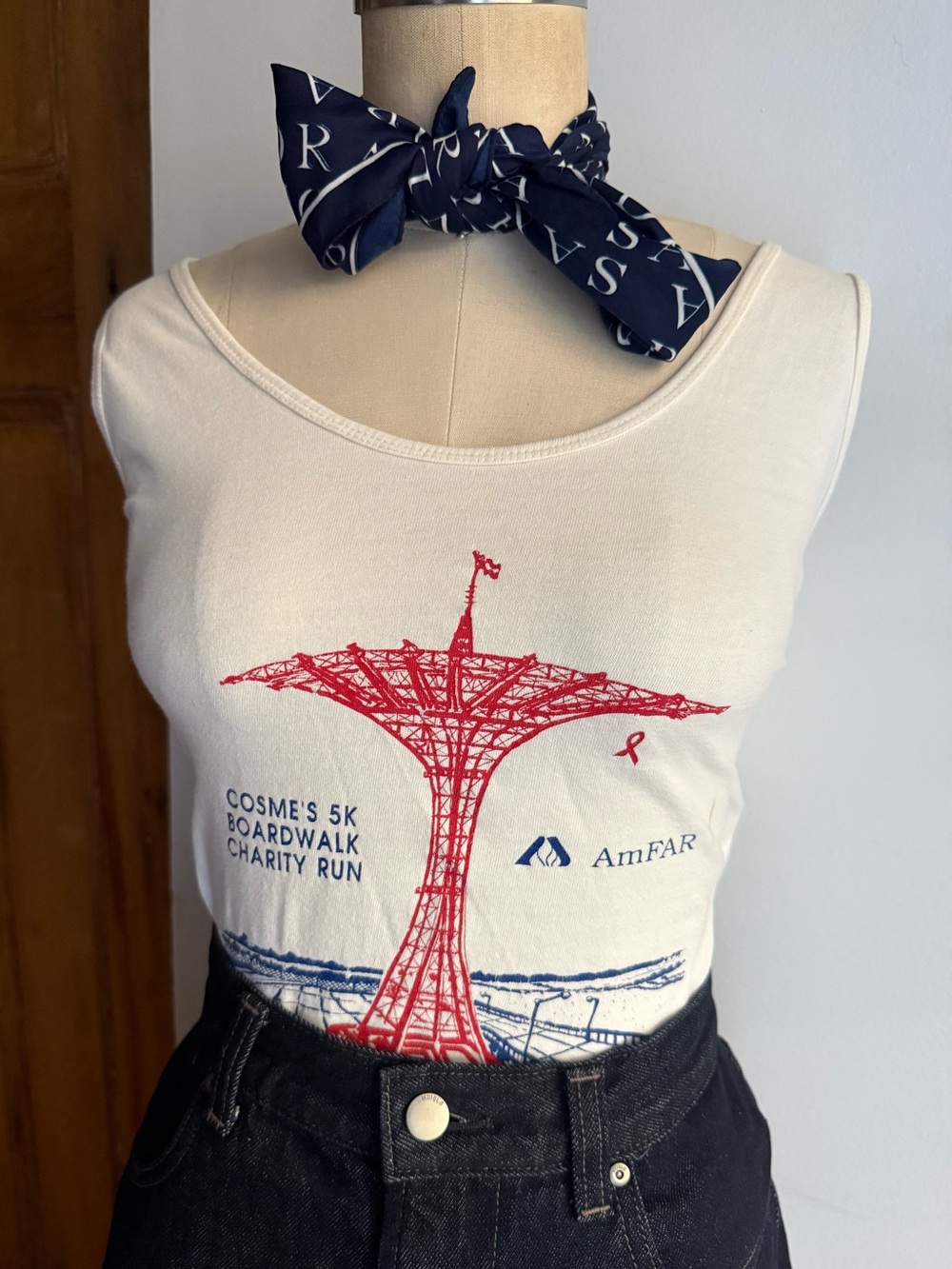 Vintage Coney Island Parachute Jump Tank Top White Graphic AmFAR Charity Run M
